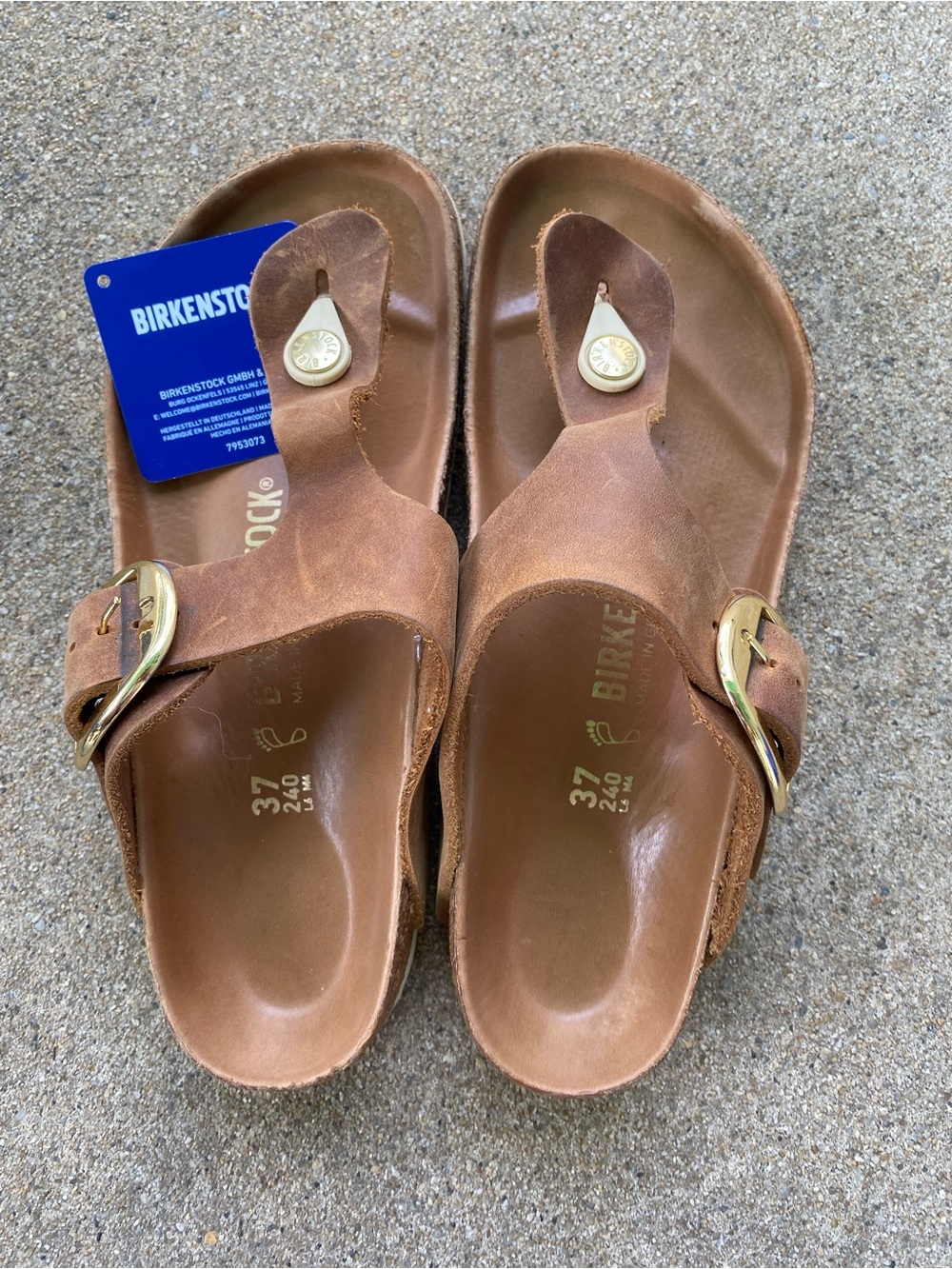 Birkenstock Almond Leather Gizeh Big Buckle Sandals Gold Accents